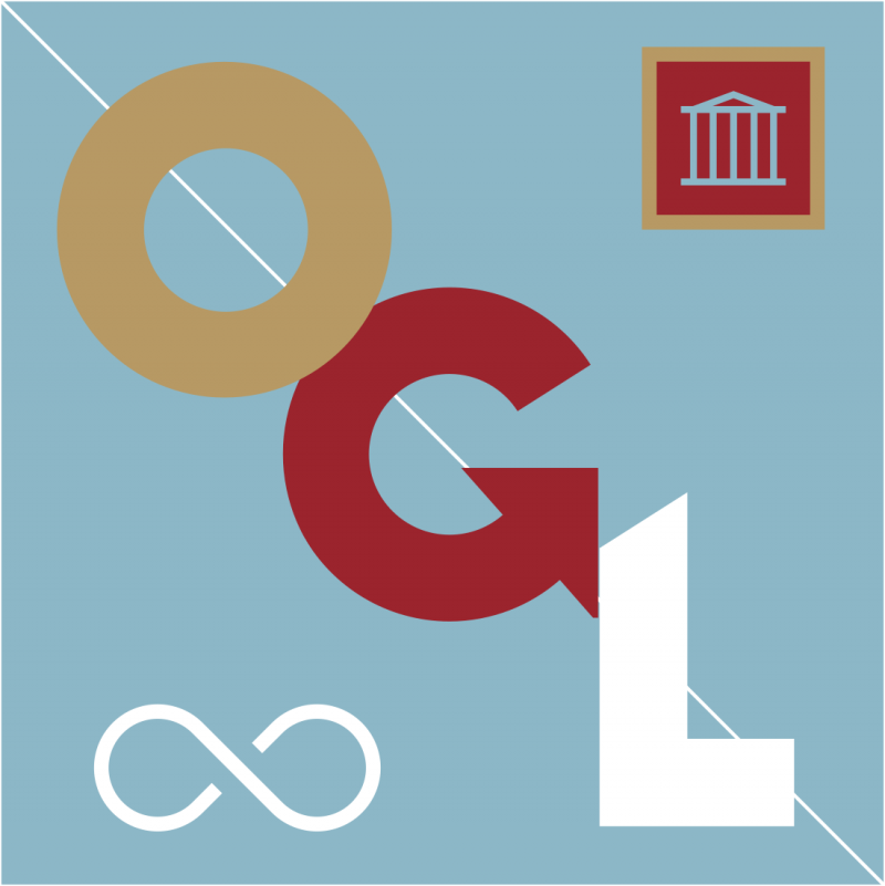 Graphic with letters OGL, building and license symbols